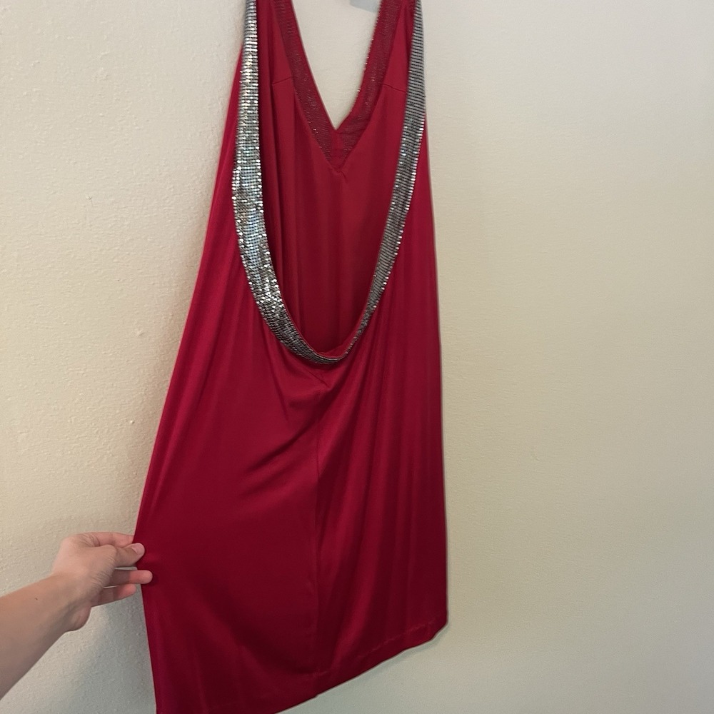 bcbg maxazria dress Womens M Y2K Red Chainmail Castle Core Open Back Glam Silver - Picture 7 of 12